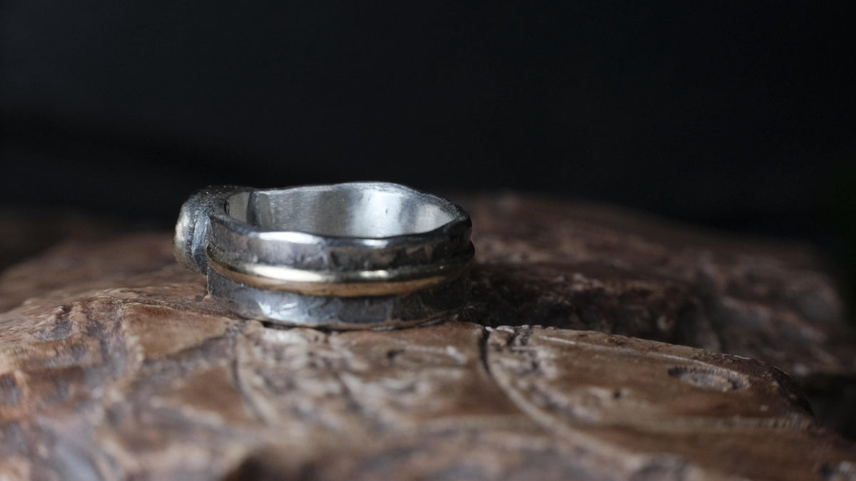 Side view of handmade Australian boulder opal gold and silver ring