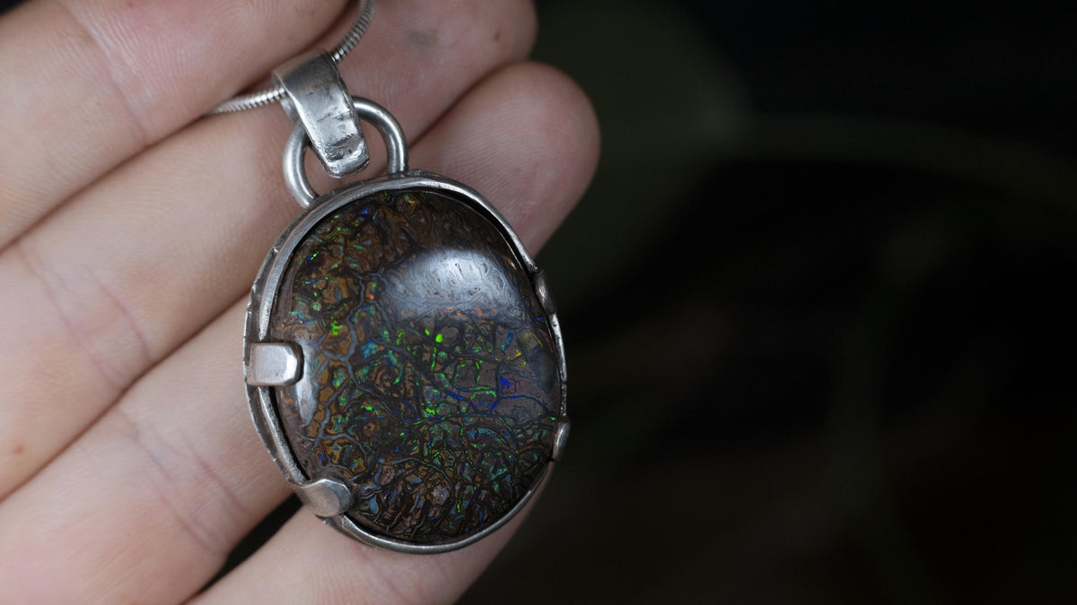 Rugged sterling silver Koroit boulder opal necklace detail