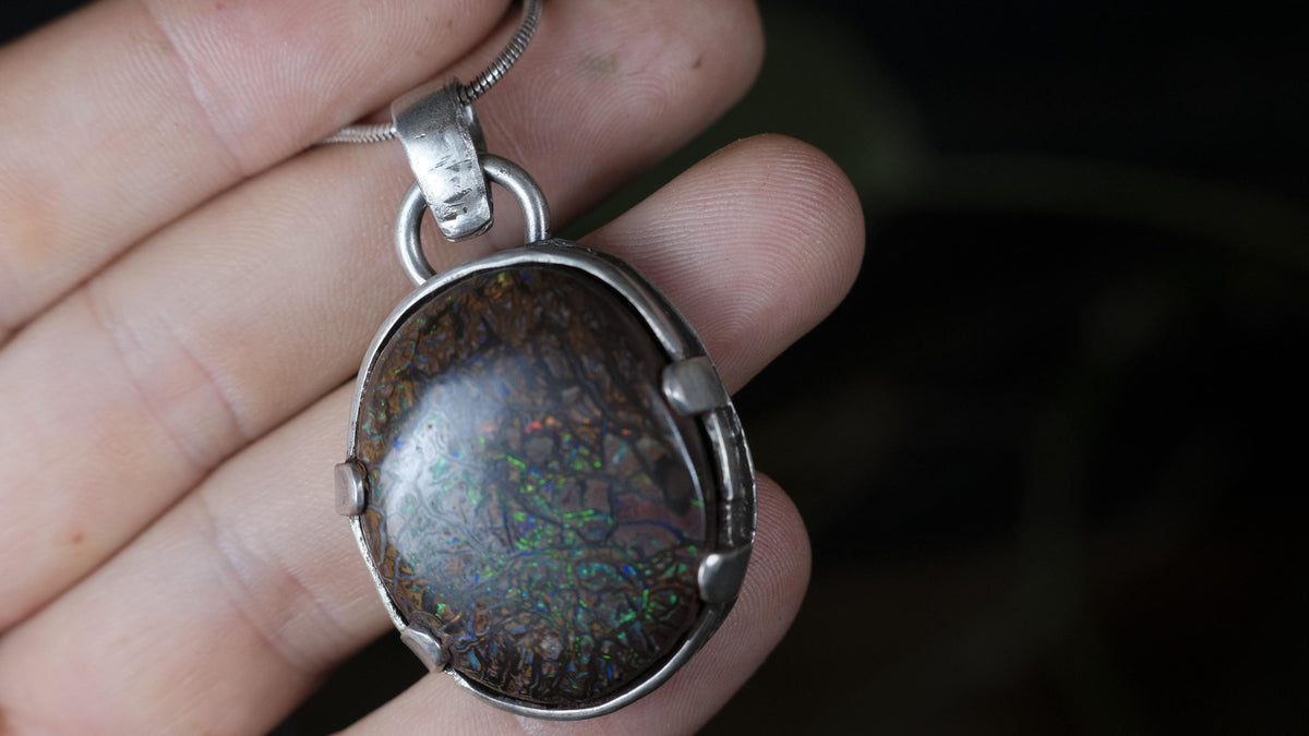 Handmade Australian Koroit matrix opal pendant by The Silver Mill