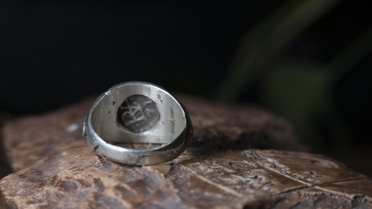 Textured oxidised sterling silver signet ring with genuine antique coin