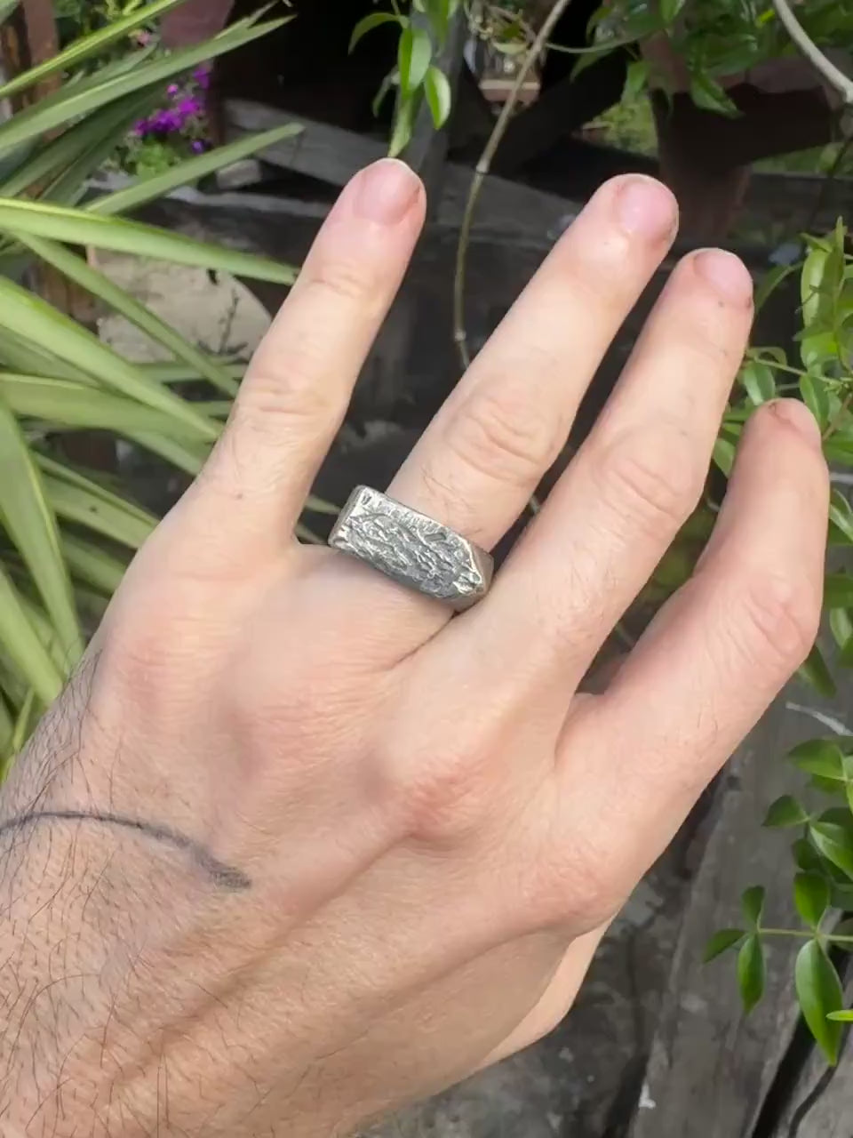 Pointed Rugged Chunky Gnarly Textured Signet Ring in Sterling Silver US Size 8