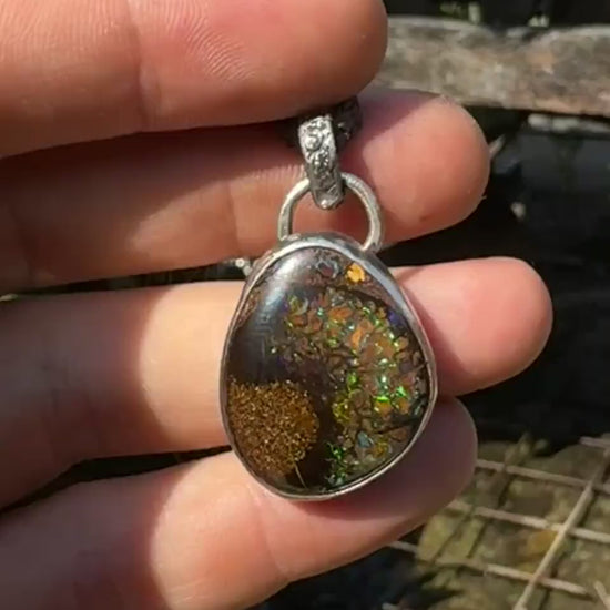 Stunning Yowah Boulder Opal Set in Sterling Silver with Adjustable Hand Woven Cord
