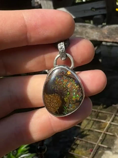 Stunning Yowah Boulder Opal Set in Sterling Silver with Adjustable Hand Woven Cord