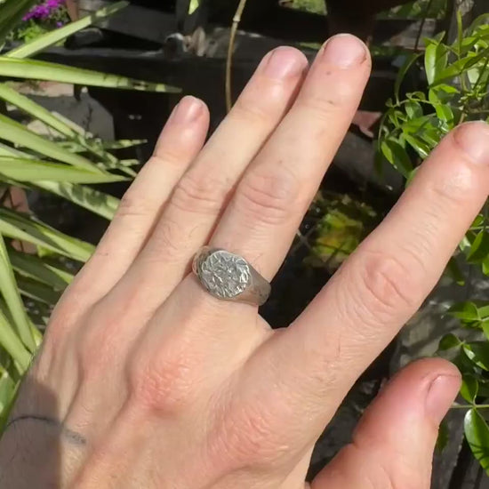 Round Rugged Chunky Hacked Gnarly Textured Signet Ring in Sterling Silver US Size 8