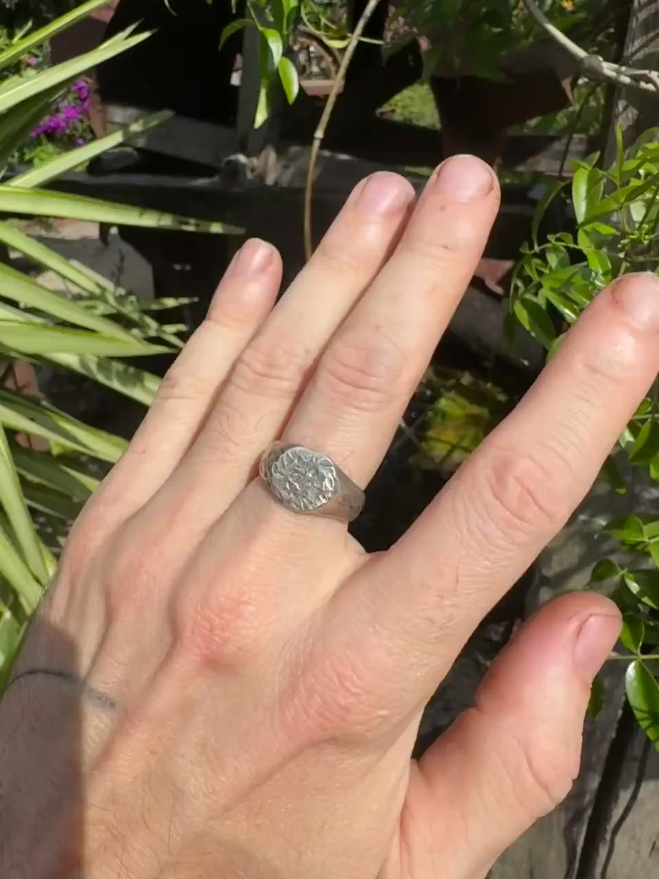 Round Rugged Chunky Hacked Gnarly Textured Signet Ring in Sterling Silver US Size 8
