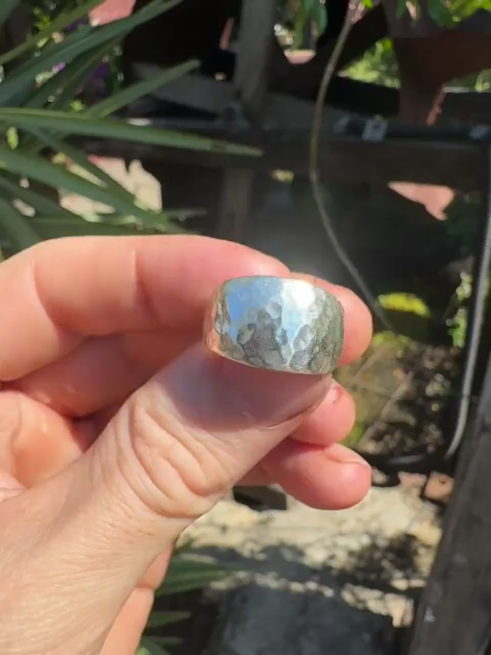 Shiny Hammered Sterling Silver Ring US Size 9