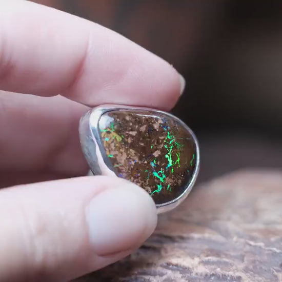 Large Bubble Banded Matrix Australian Opal and Sterling Silver Ring