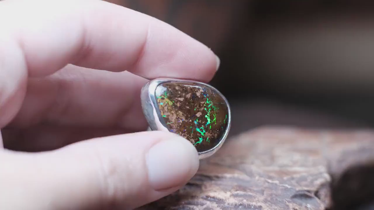 Large Bubble Banded Matrix Australian Opal and Sterling Silver Ring