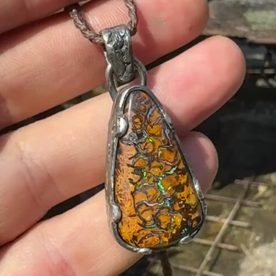 Electric Matrix Boulder Opal Pendant Set in Pirate Style Sterling Silver Pendant with Adjustable Hand Woven Neckalce