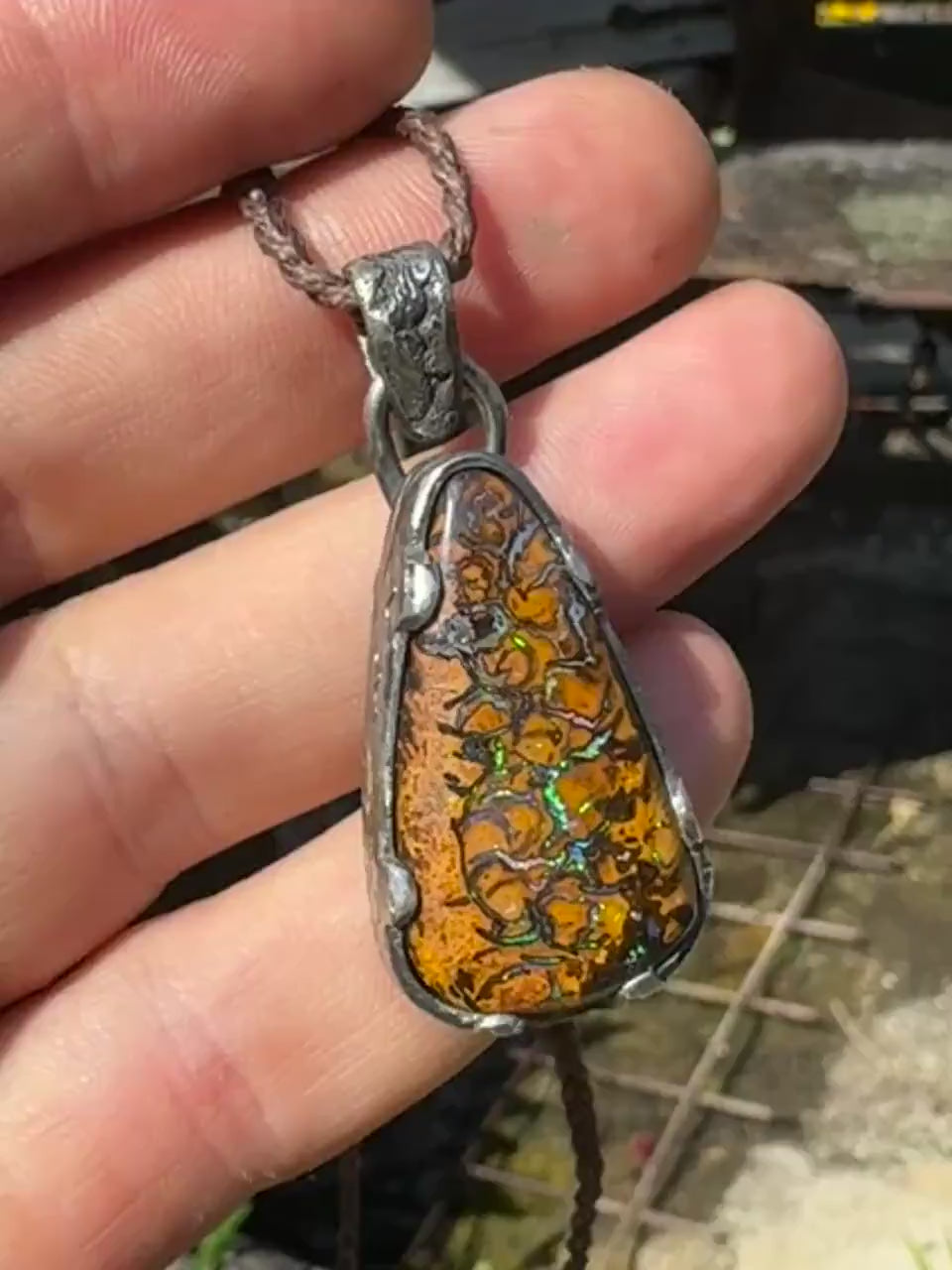 Electric Matrix Boulder Opal Pendant Set in Pirate Style Sterling Silver Pendant with Adjustable Hand Woven Neckalce