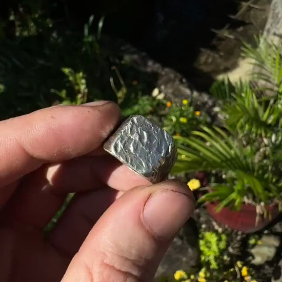 Rugged Chunky Hacked Gnarly Textured Signet Ring in Sterling Silver US Size 7