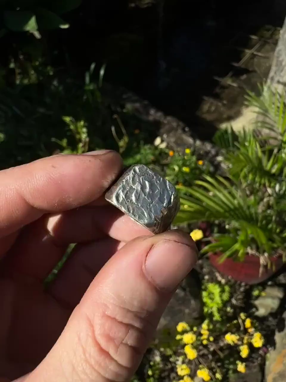 Rugged Chunky Hacked Gnarly Textured Signet Ring in Sterling Silver US Size 7