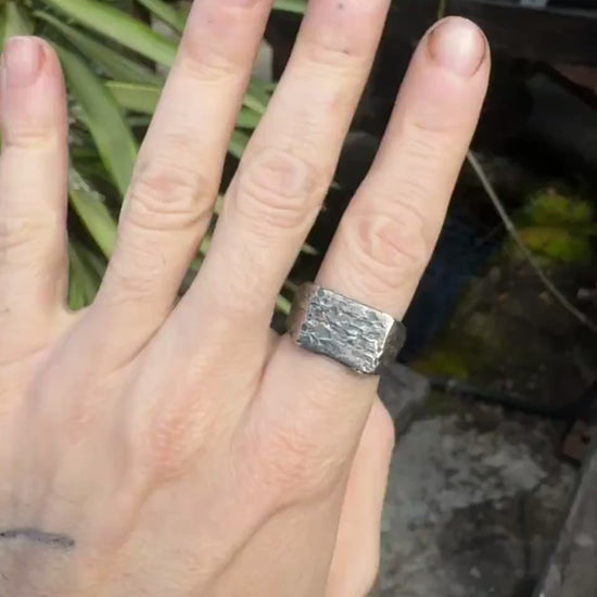 Rectangular Rugged Chunky Gnarly Textured Signet Ring in Sterling Silver US Size 10
