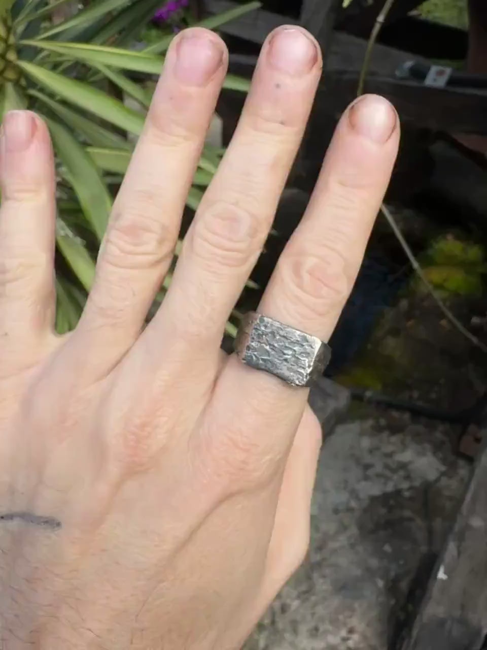 Rectangular Rugged Chunky Gnarly Textured Signet Ring in Sterling Silver US Size 10