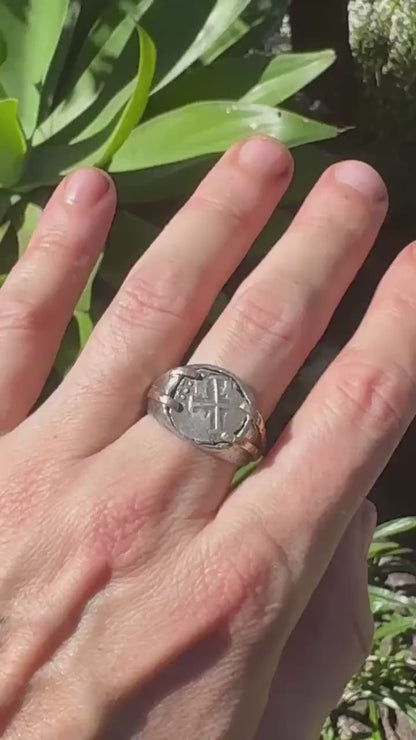 Genuine 1/2 Reale Set in Gold on Sterling Silver Signet Ring