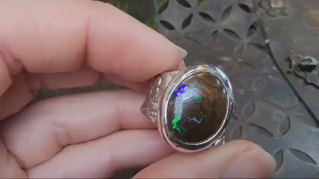 Piratey Boulder Opal in Textured Silver Ring ~ Band US Size 9