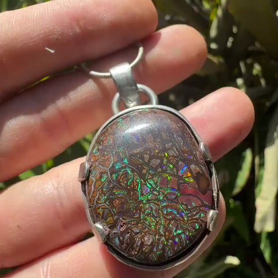 Koroit Matrix Boulder Opal Pendant Set in Sterling Silver with Sterling Silver Snake Chain