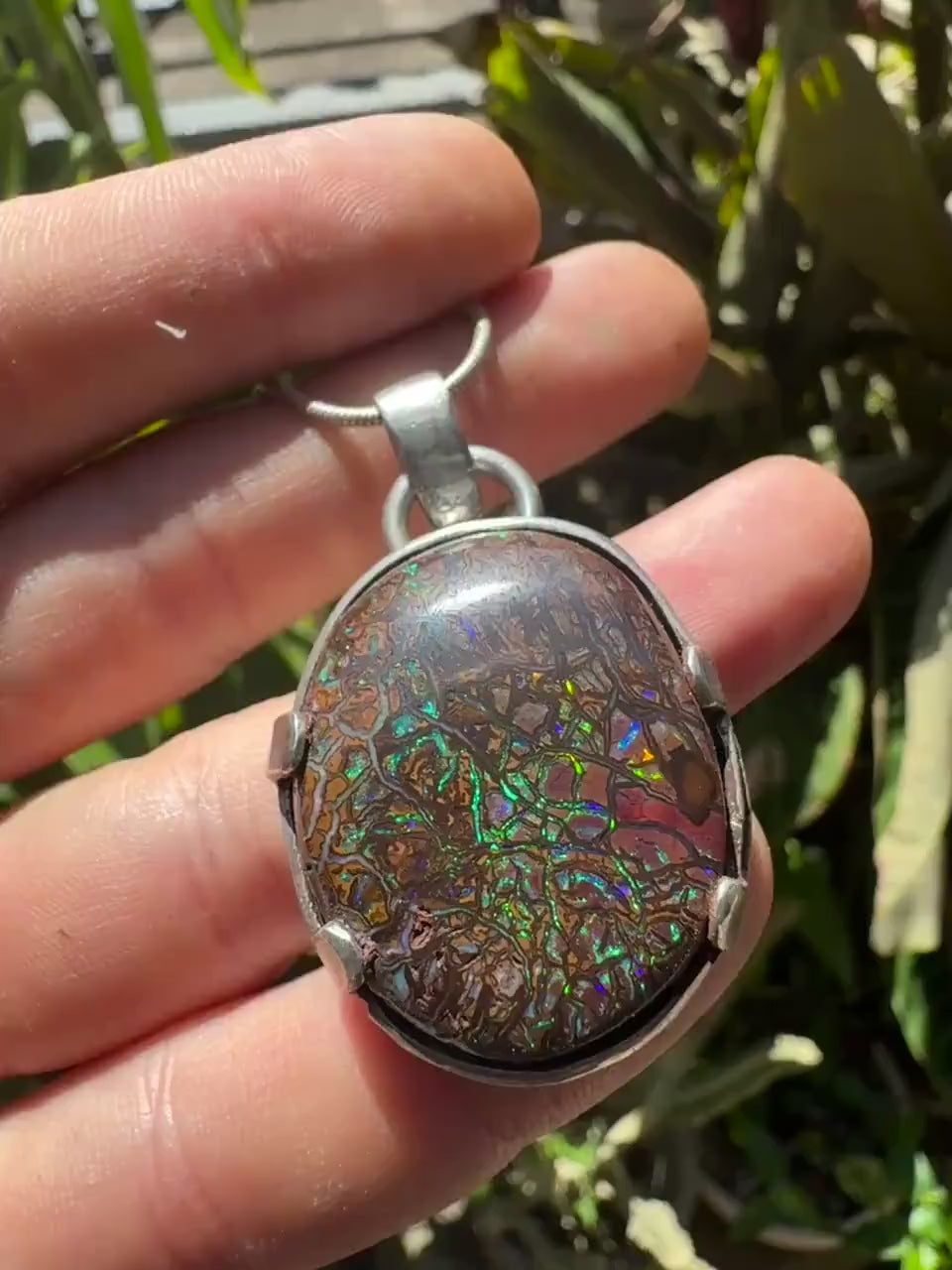 Koroit Matrix Boulder Opal Pendant Set in Sterling Silver with Sterling Silver Snake Chain