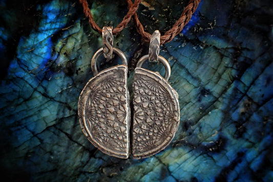 Pair of Temple Relic Amulets ~  Rustic Textured Silver Sacred Geometry Pendants