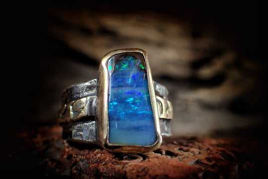 Boulder Opal in Textured Gold and Silver Ring ~ Aztec Pirate Style / Band US Size 11