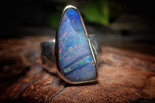 Rainbow Boulder Opal in Chunky Hammered Gold and Silver Ring ~  Band US Size 7