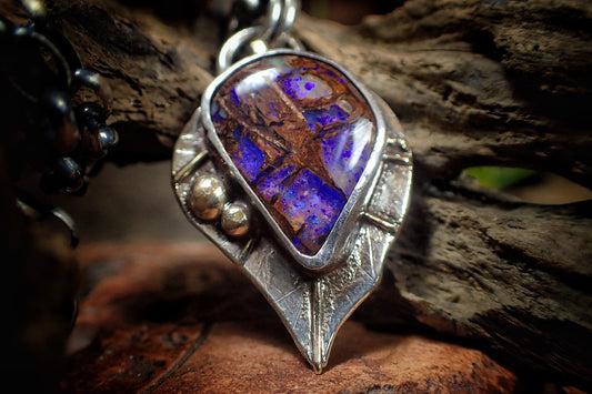 Wood Fossil Boulder Opal set in Leafy Motif Textured Silver and Gold Pendant