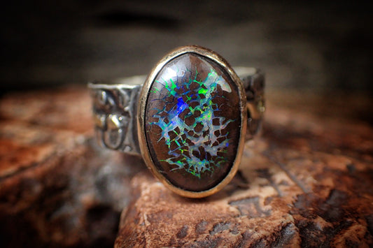 Boulder Opal in Textured Gold and Silver Pirate sStyle ~ Band US Size 11
