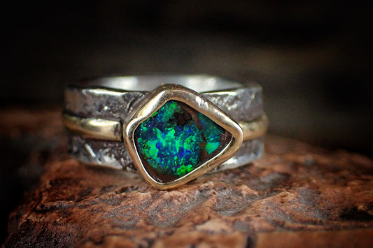 Electric Green And Blue Boulder Opal in Chunky Textured Gold and Silver Ring / Band US Size 7