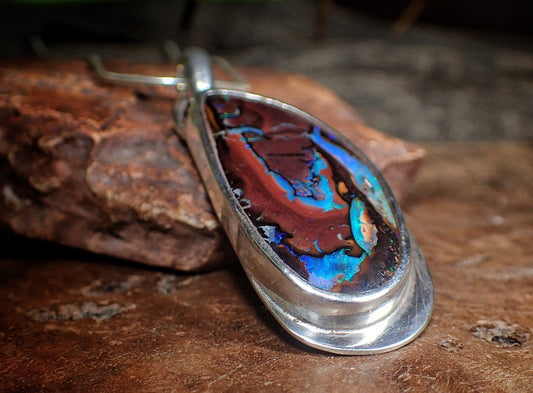 Absolutely Incredible Handmade Natural Boulder Opal and Silver Pendant on a Snake Chain