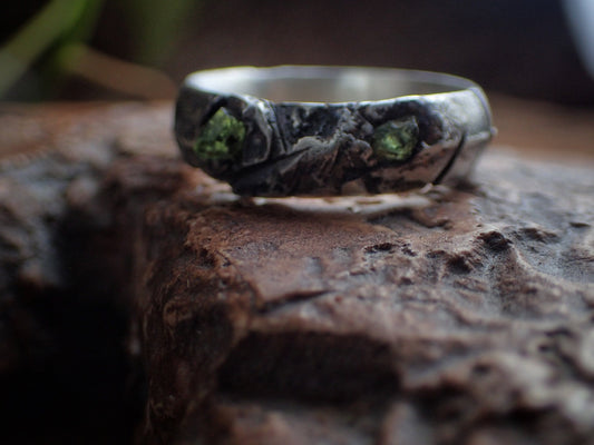 Gnarly rough Green Sapphire and Silver Fusion Ring ~ Sand Cast Rugged Rustic and Rugged One of a Kind Ring / Band US Size 9